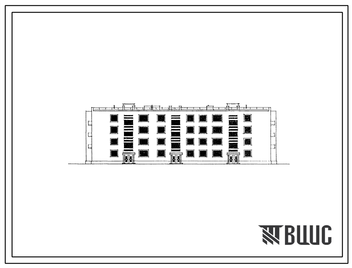 Типовой проект 114-24-58 Четырехэтажный трехсекционный дом на 32 квартиры (однокомнатных 1Б-8; двухкомнатных 2А-12, 2Б-8; трехкомнатных 3А-4). Для строительства во 2В, 3Б и 3В климатических подрайонах