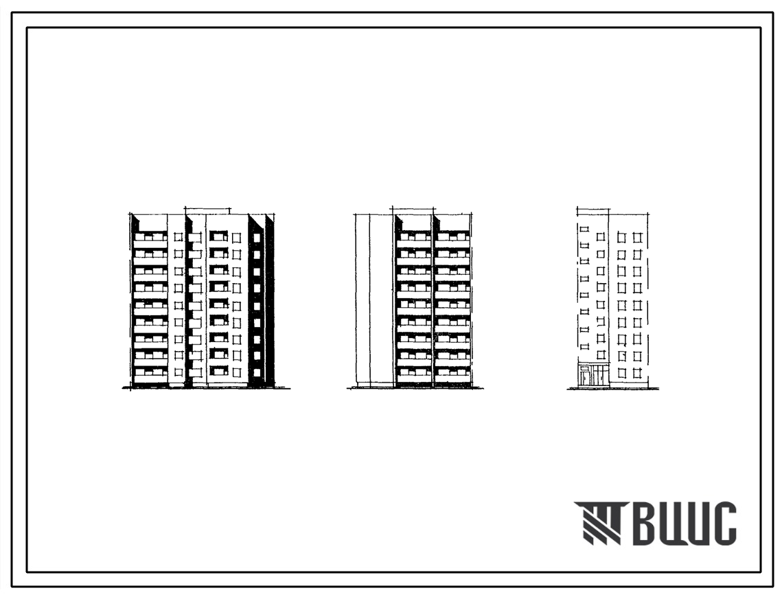 Типовой проект 124-011 Девятиэтажная блок-секция угловая правая на 36 квартир (однокомнатных 1-1; двухкомнатных 2Б-9; трехкомнатных 3Б-17; четырехкомнатных 4Б-9). Для строительства во 2В климатическом подрайоне