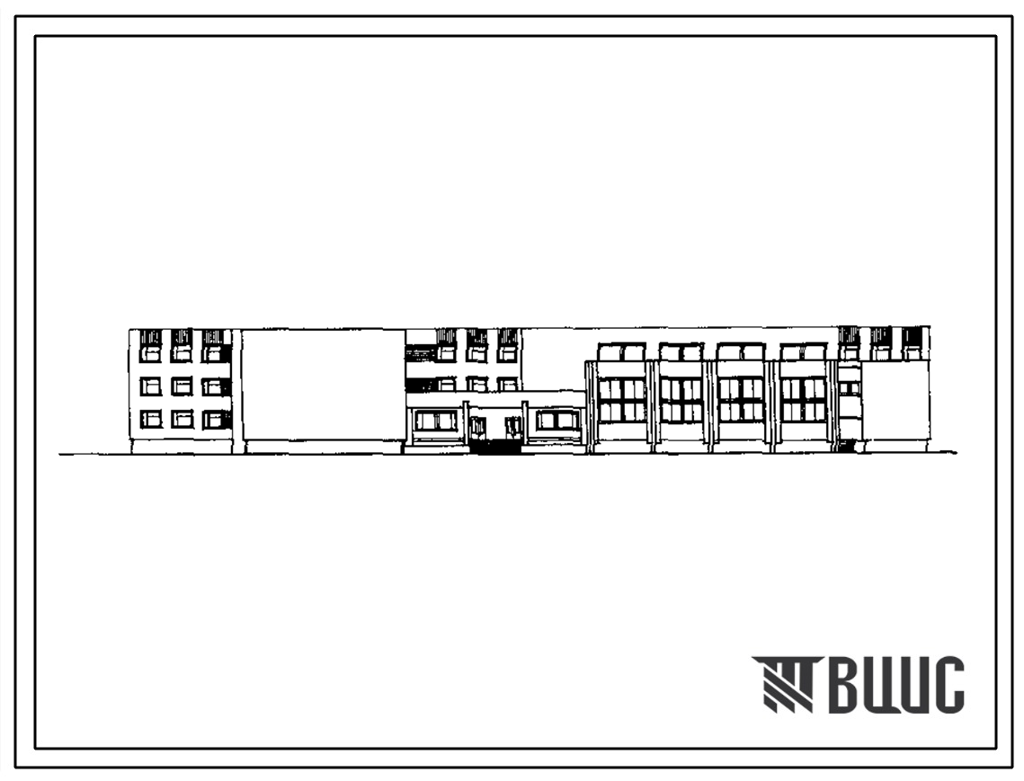 Фасады Типовой проект 224-1-528.86 Средняя школа на 33 класса (1251 – 1296 учащихся). Здание одно-, двух-, трехэтажное. Стены из кирпича.