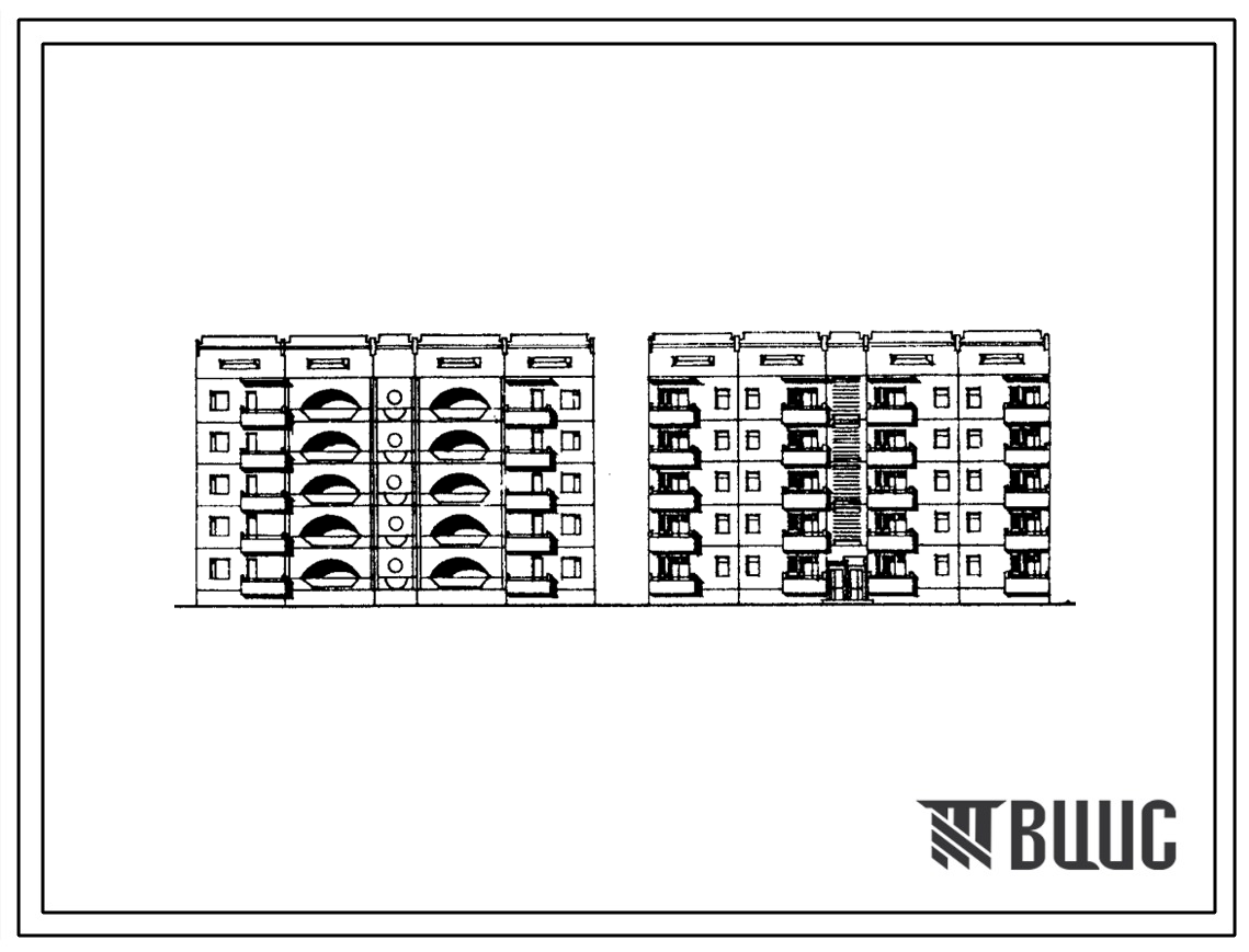 Фасады Типовой проект 135-0183с.86 Блок-секция рядовая 5-этажная 20-квартирная с торцовыми окончаниями 2Б-1Б-1Б-2Б