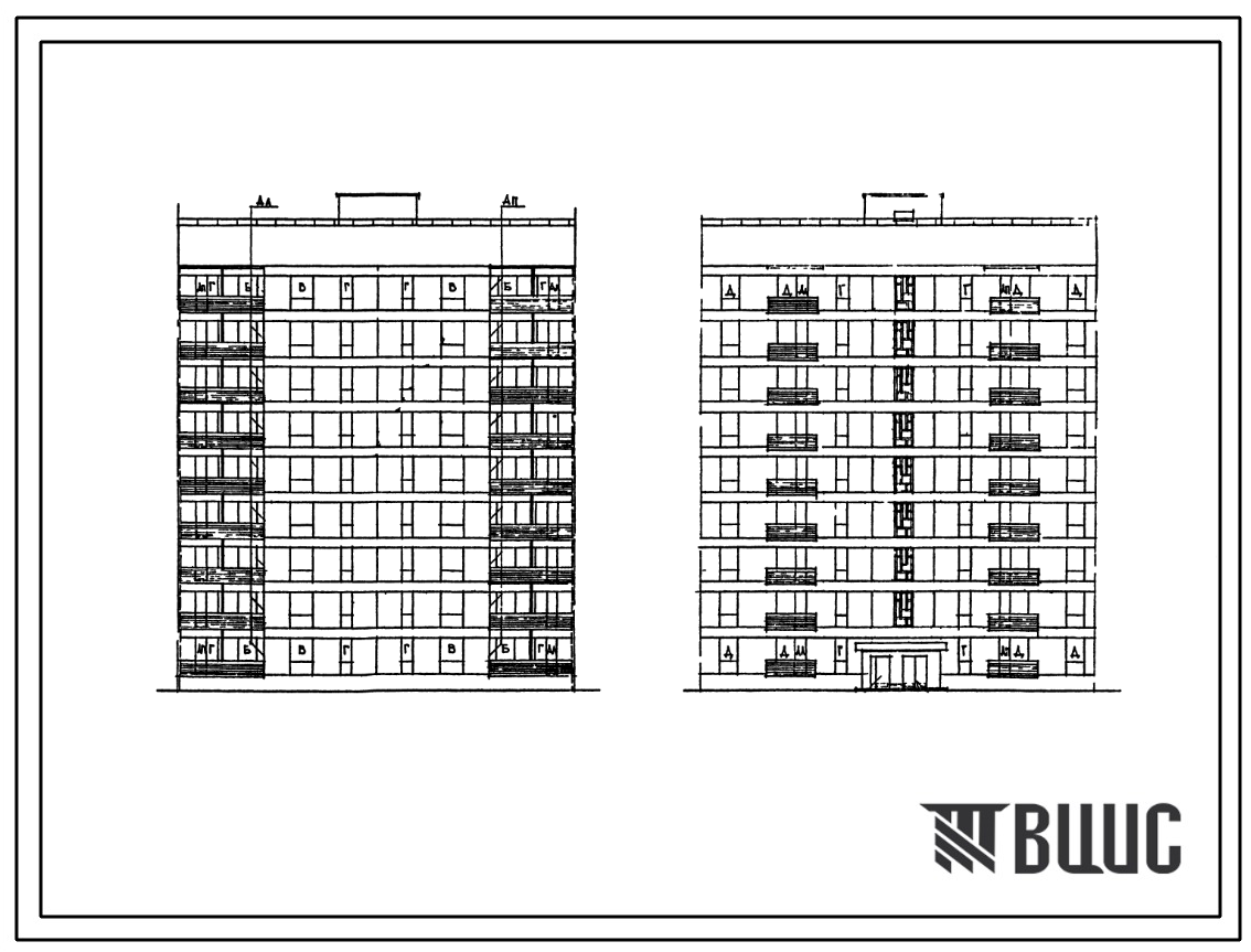 Фасады Типовой проект 87-080/2 Девятиэтажная рядовая блок-секция на 36 квартир Р-2Б-2Б-3А-3Б