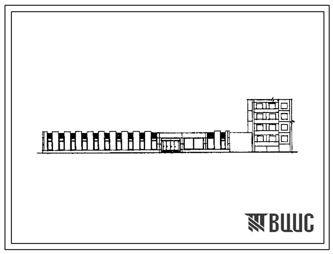 Фасады Типовой проект 272-18-6 Унифицированный встроенно-пристроенный к жилым домам магазин (блок VIA)  торговой площадью 1000 м2 «Товары для детей», «Товары для женщин», «Товары для мужчин», «Товары для молодежи», «Культтовары». Здание одноэтажное. Каркас сборн
