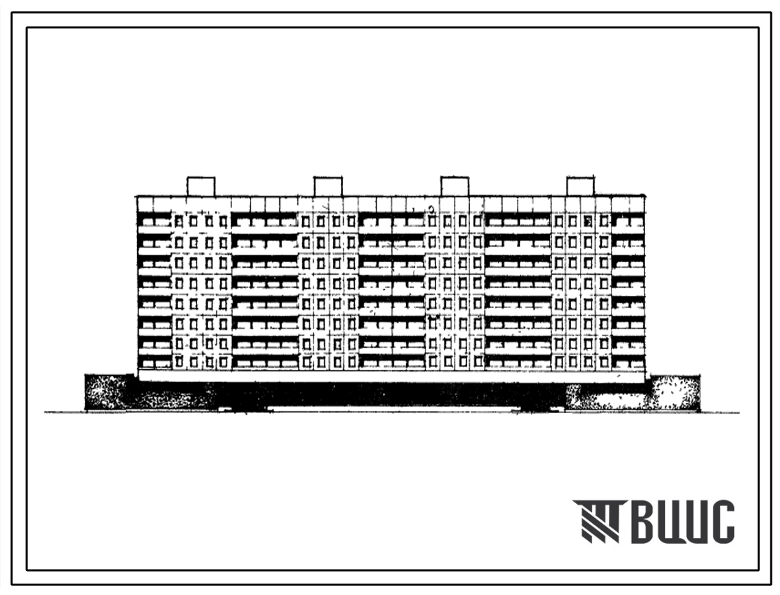 Типовой проект 1-464Д-131 9-этажный 4-секционный крупнопанельный дом на 128 квартир с магазином на 1 этаже (однокомнатных 1Б-16, двухкомнатных 2Б-40, трехкомнатных 3Б-64, четырехкомнатных 4Б-8) для строительства в 1В климатическом подрайоне, в 1 климатиче
