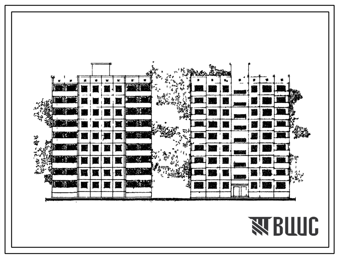 Типовой проект 1-464 Д-0128 9-этажная крупнопанельная, рядовая блок-секция на 36 квартир с деформационным швом справа.