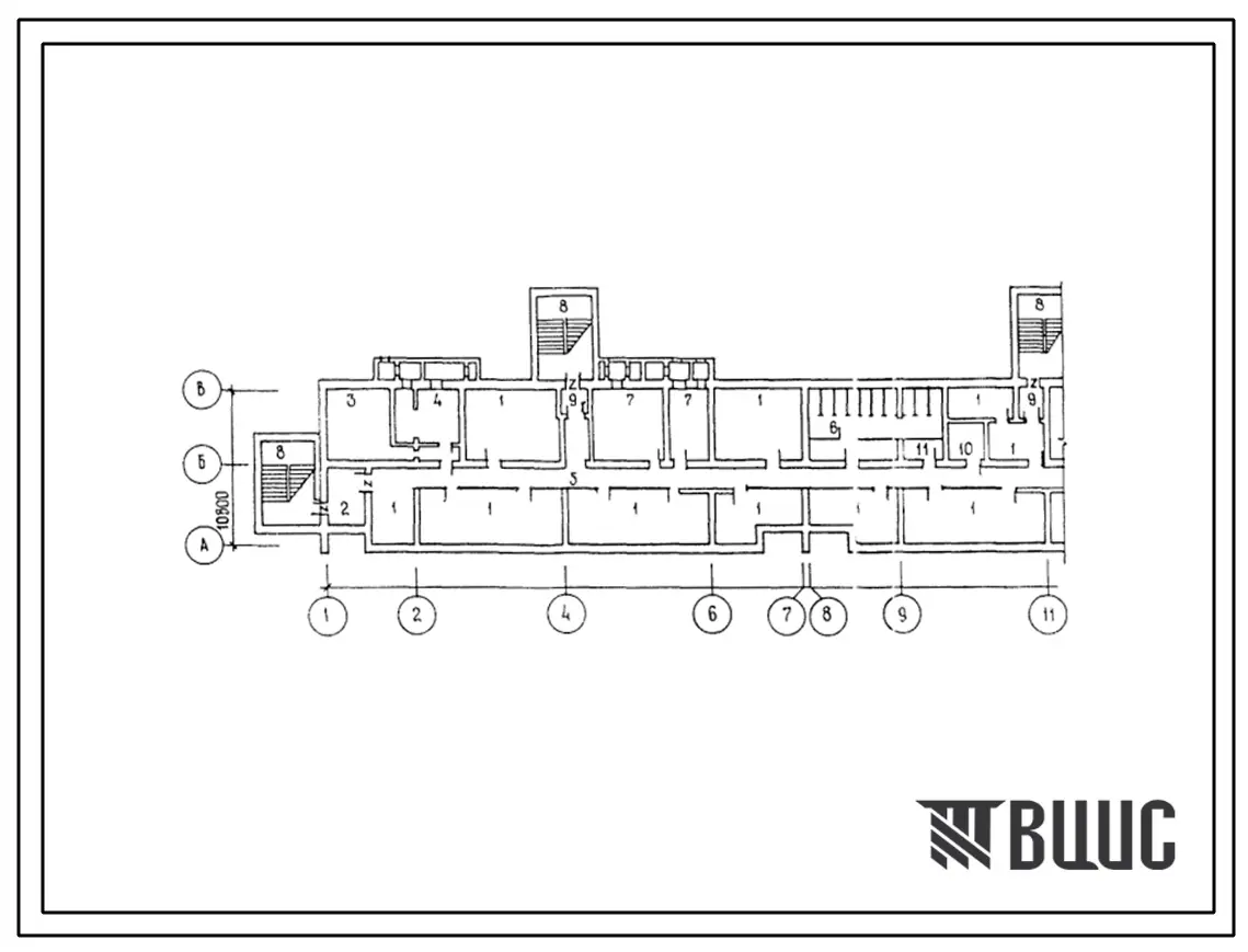 Типовой проект А-IV-1600(113-87-70.3.87) Помещения  общественного назначения, размещаемые в подвале 5 этажного шестисекционного дома на 89 квартир, (убежище на 1600 человек, размеры убежища 103,84м на 10,5м, режимы вентиляции 1,2).