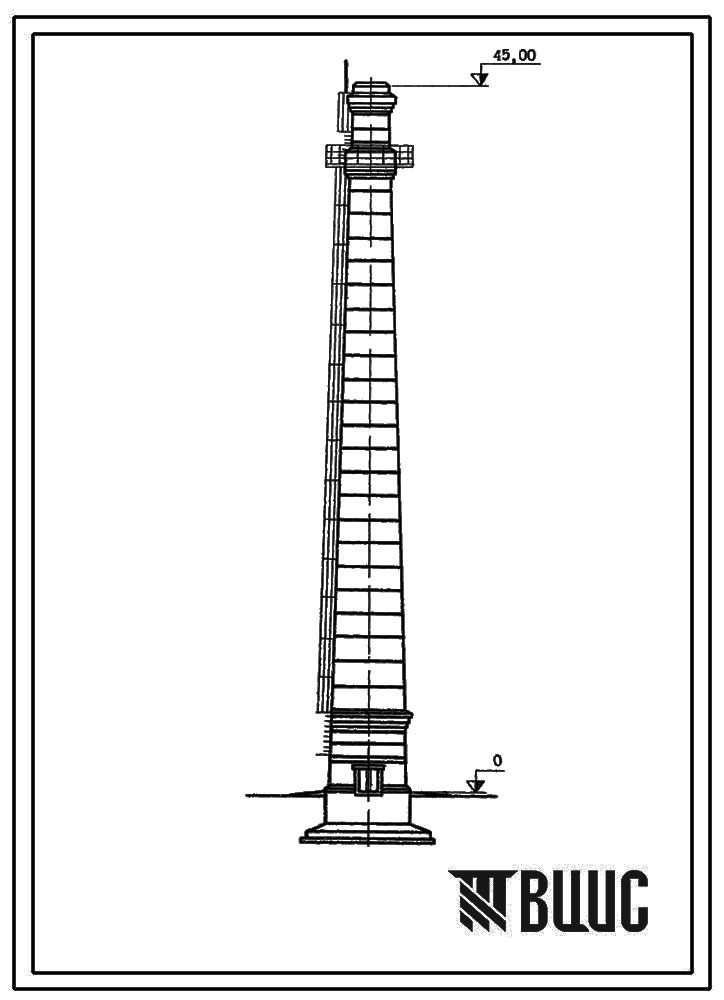 Типовой проект 907-2-111 Труба дымовая кирпичная для котельных установок Н=45,0 м; Д0=1,5 м. Для строительства в 1-2 районах ветровой нагрузки с наземным примыканием газоходов
