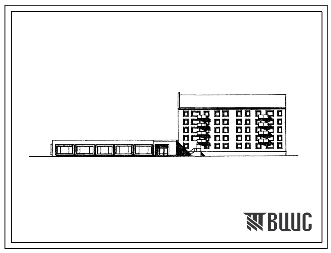 Фасады Типовой проект 114-056с.87 Блок-секция 5-этажная 27-квартирная торцовая со встроенно-пристроенным магазином "Универсам" торговой площадью 400 м2