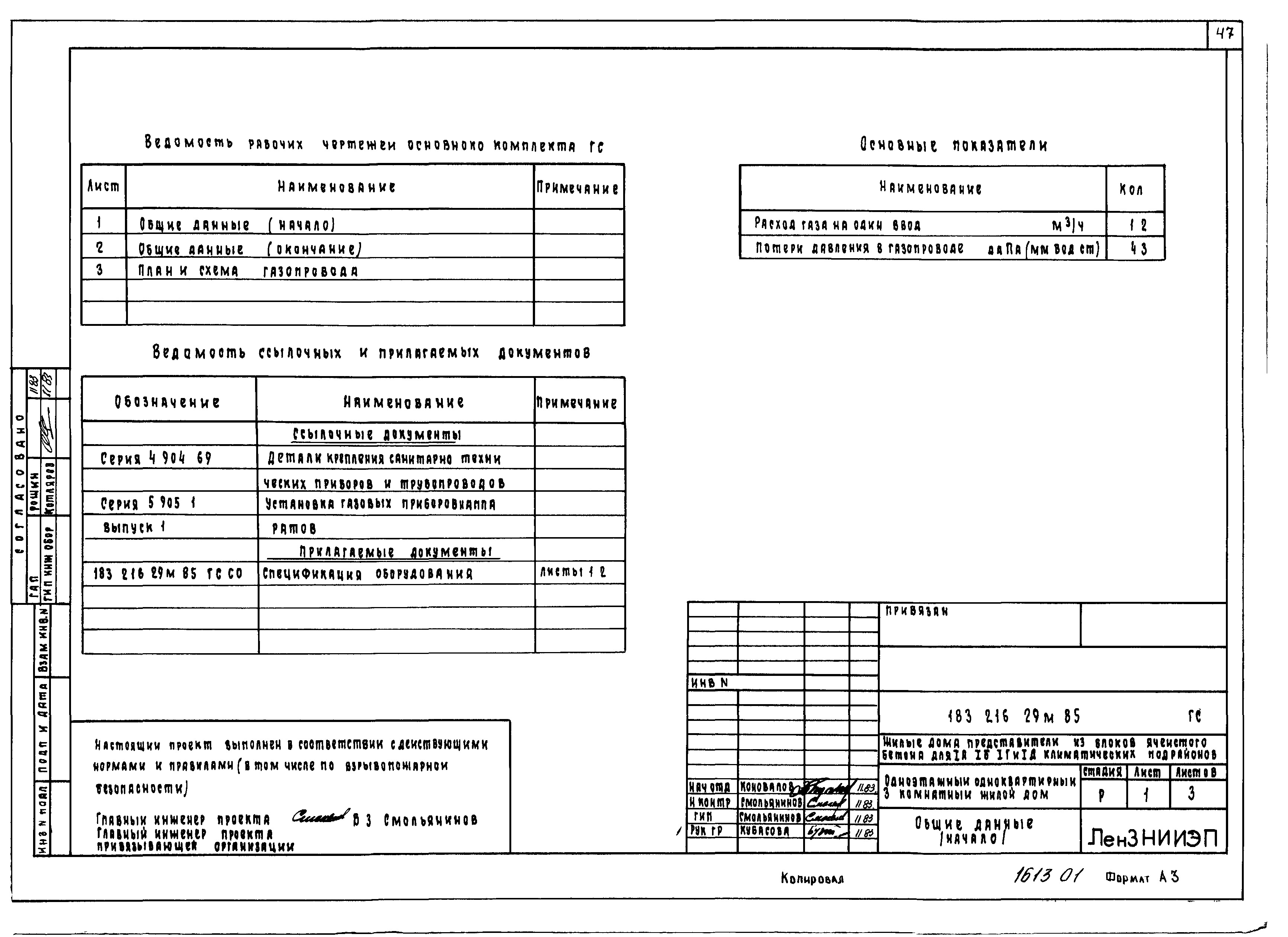 Состав фльбома. Типовой проект 183-216-29м.85Альбом 1 Архитектурно-строительные чертежи. Отопление и вентиляция. Водопровод и канализация. Газоснабжение. Электрооборудование. Сети связи 