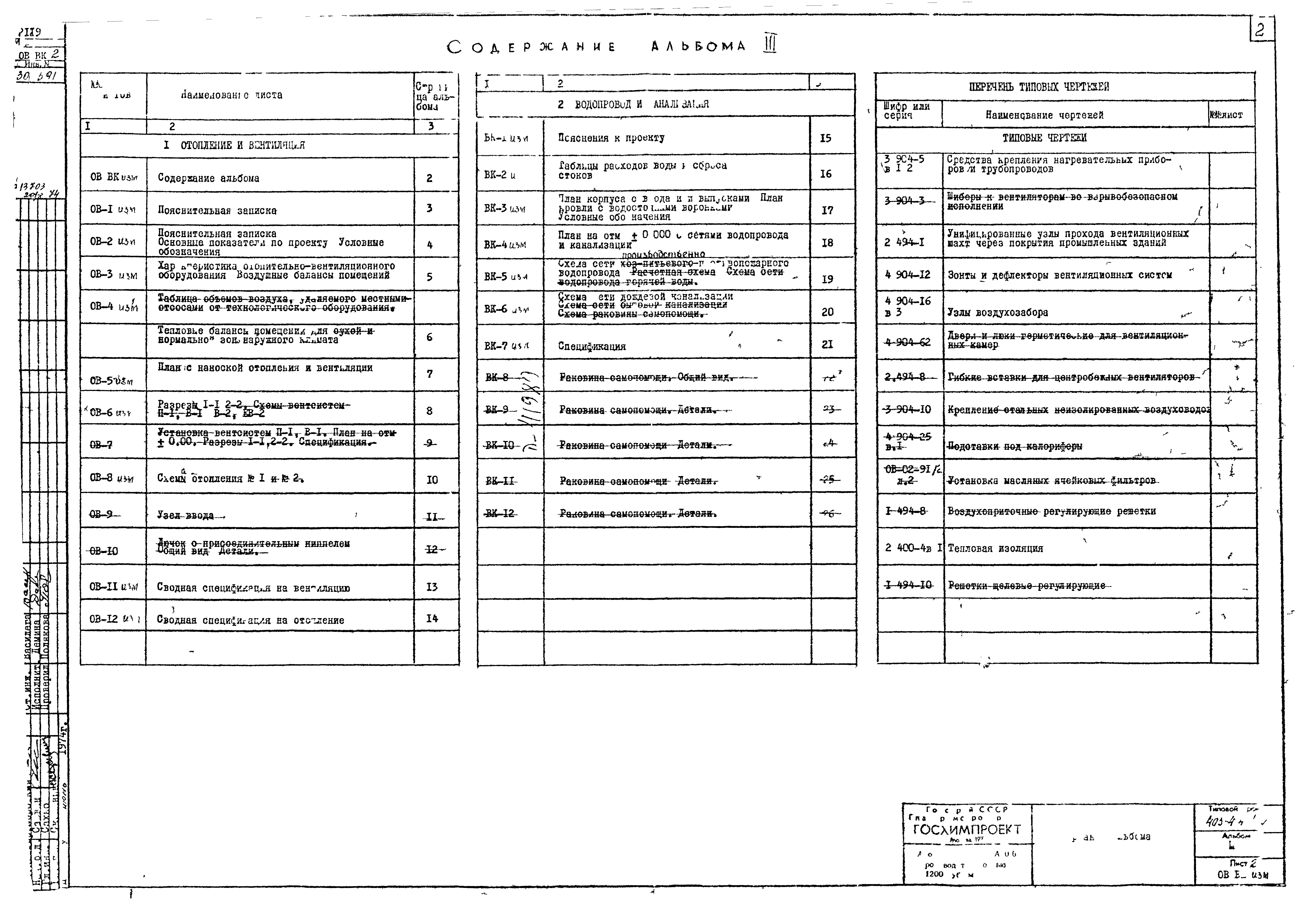 Состав фльбома. Типовой проект 405-4-83Альбом 1 Пояснительная записка. Технологические чертежи. 