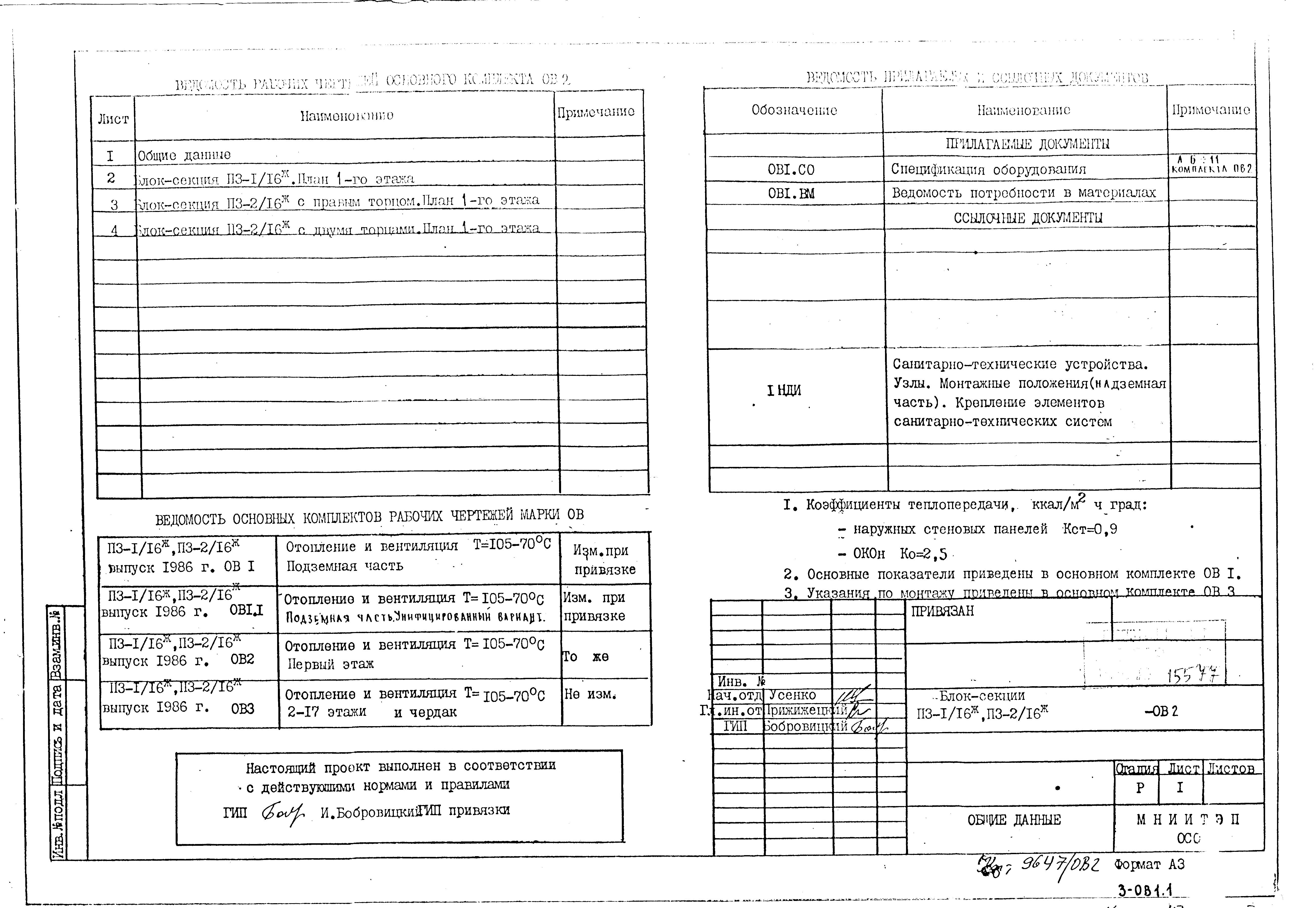 Состав фльбома. Типовой проект П3-1/16-П3-2/16ОВ 2 Отопление и вентиляция Т=90-75ºС. Надземная часть. 1-й этаж