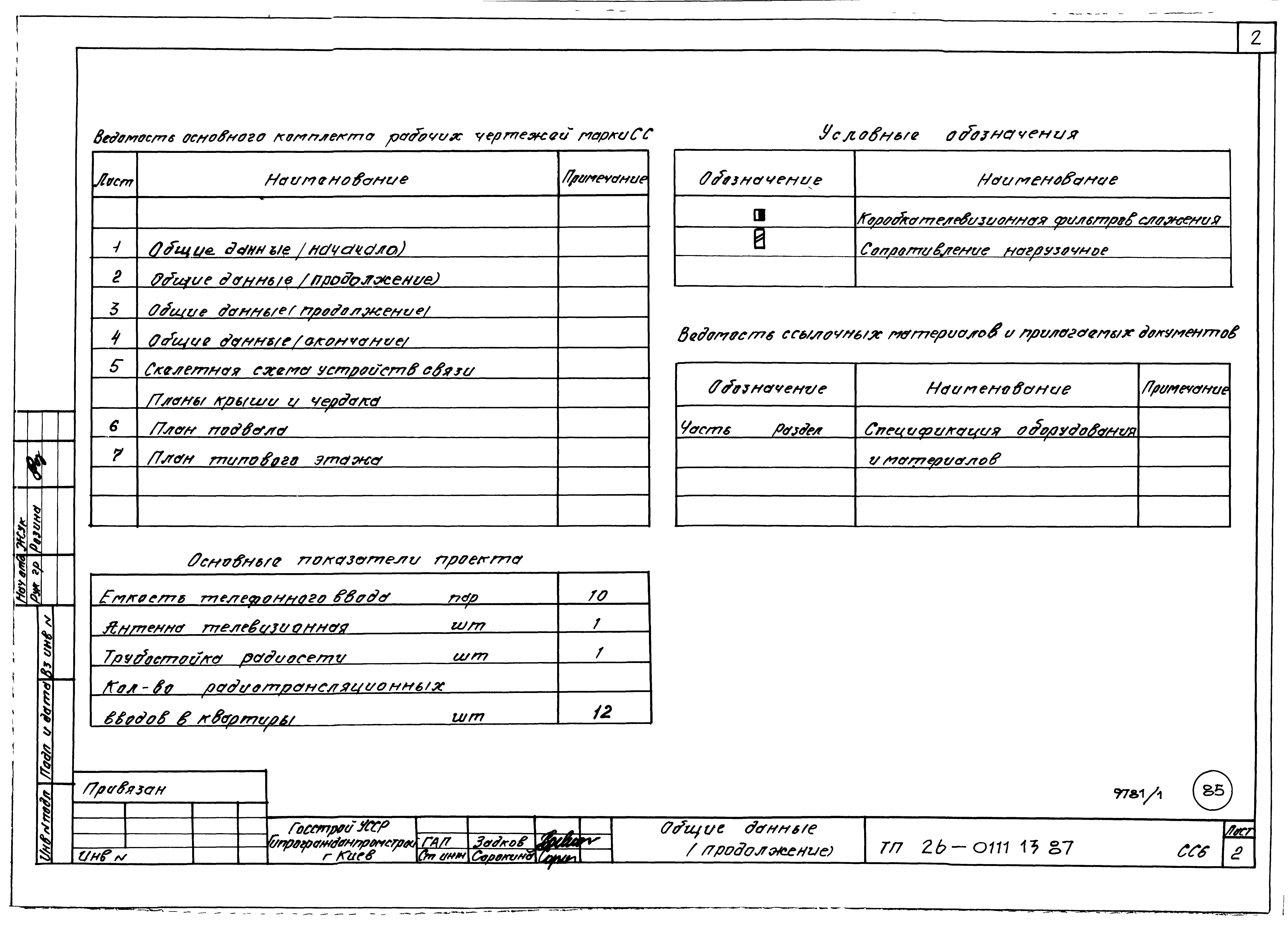 Состав фльбома. Типовой проект 26-0111.13.87Часть 5 и 6 Электрооборудование. Связь и сигнализация.