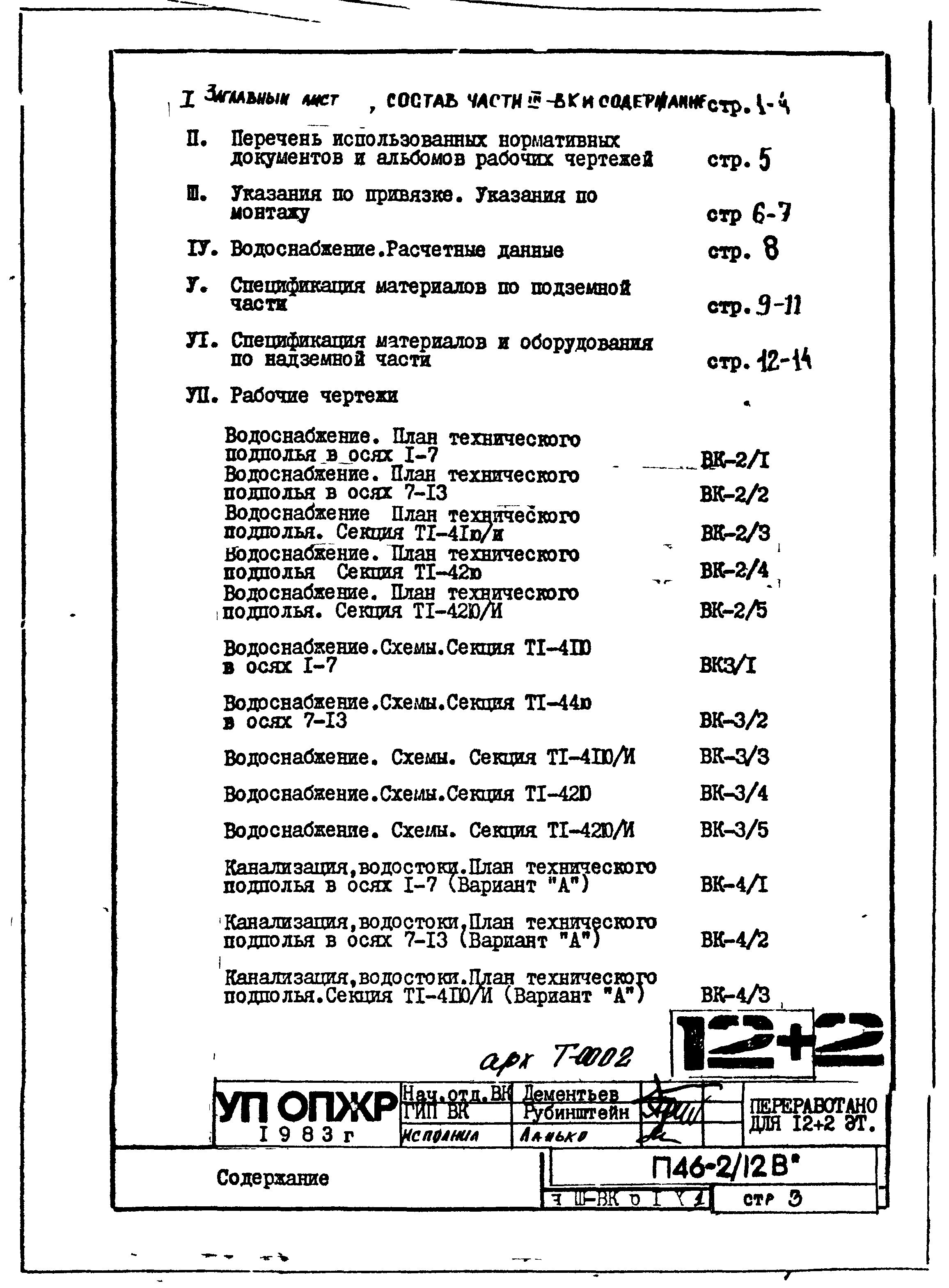 Состав фльбома. Типовой проект П46-2/12ВЧасть 3-ВК Водопровод, канализация и водостоки. Раздел 1.Х.1. Чертежи подземной части здания.