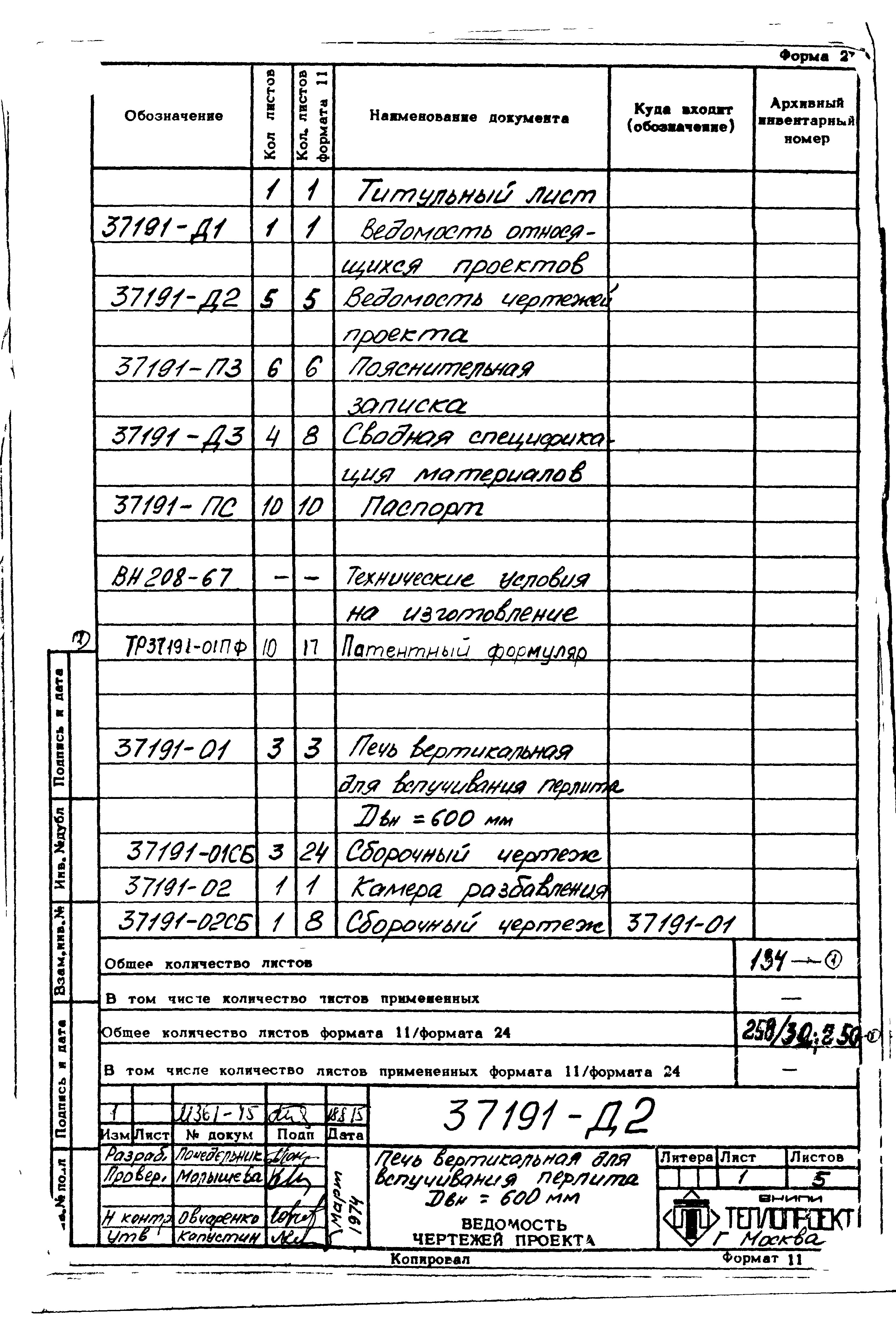 Состав фльбома. Проект 37191 ПечьАльбом 1 Печь вертикальная для вспучивания перлита . Рабочие чертежи.