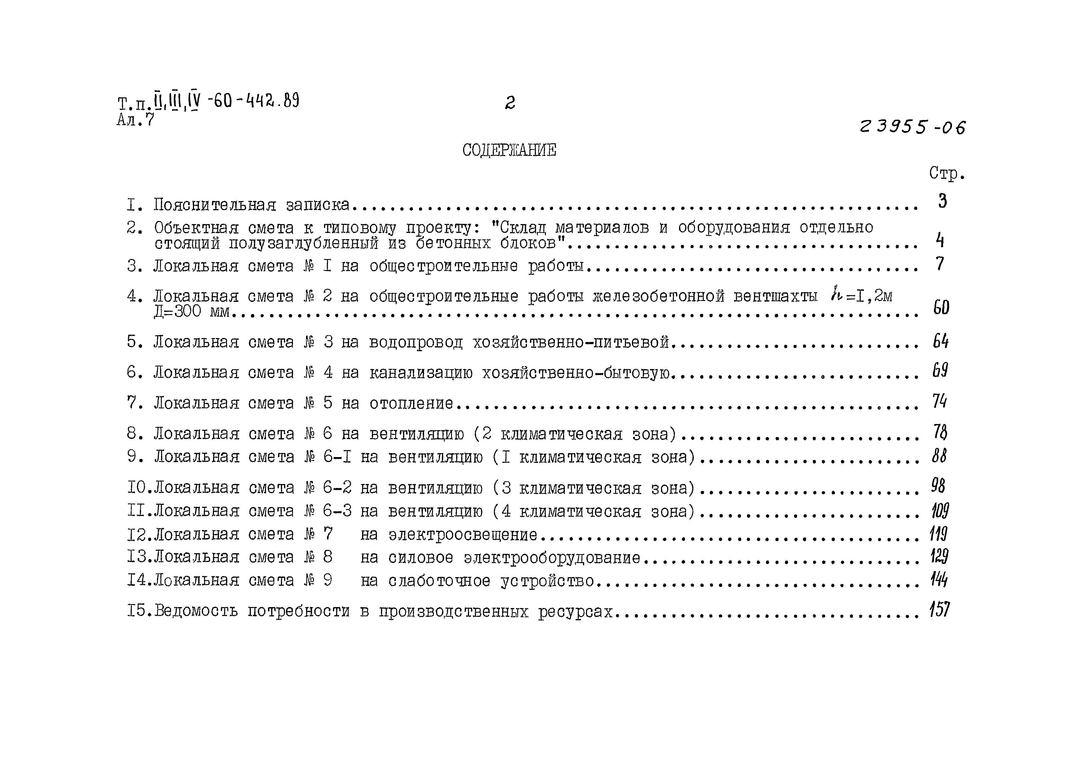 Состав фльбома. Типовой проект A-II,III,IV-60-442.89Альбом 7 Смета        