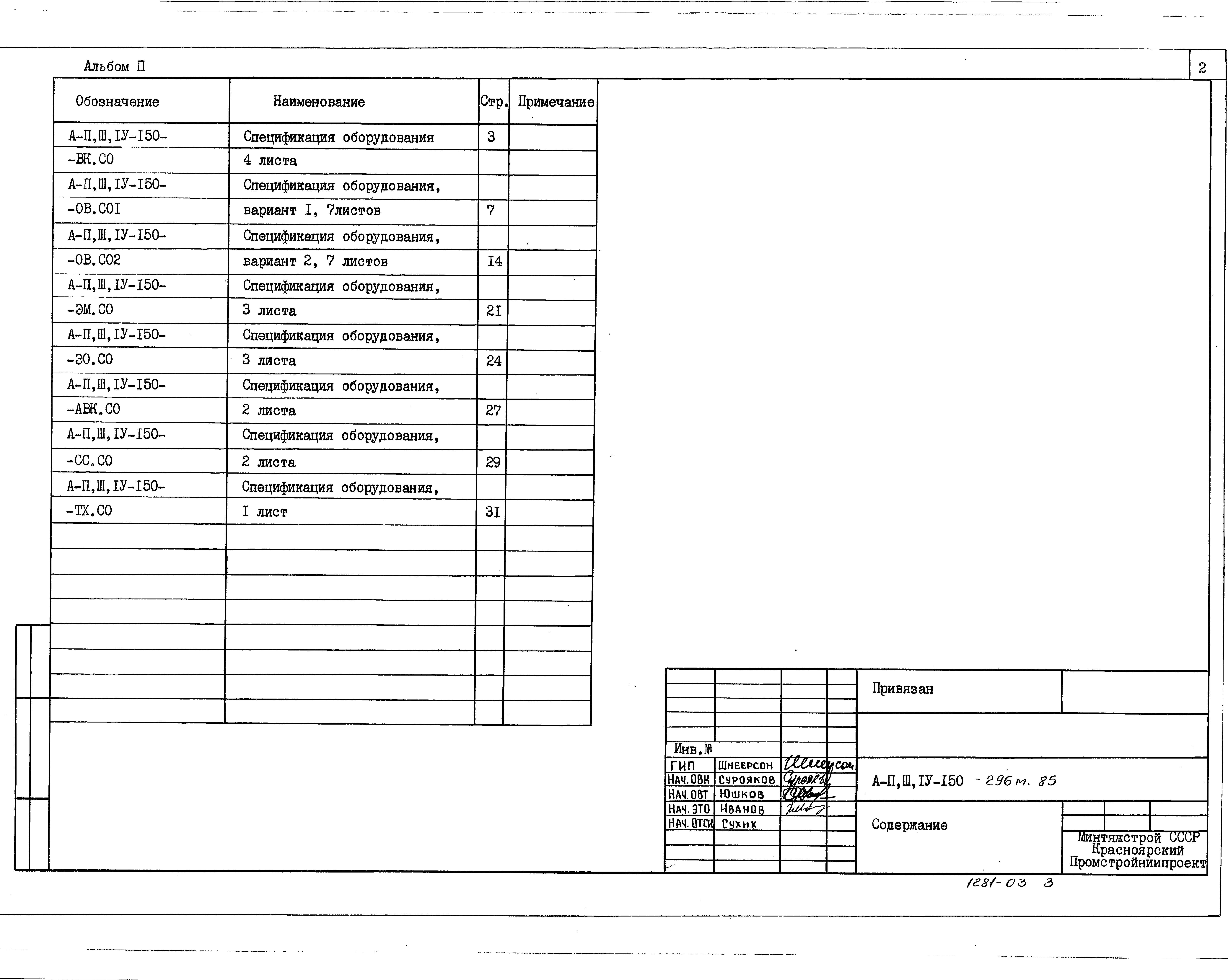 Состав фльбома. Типовой проект А-II,III,IV-150-296м.85Альбом 2 Спецификации оборудования