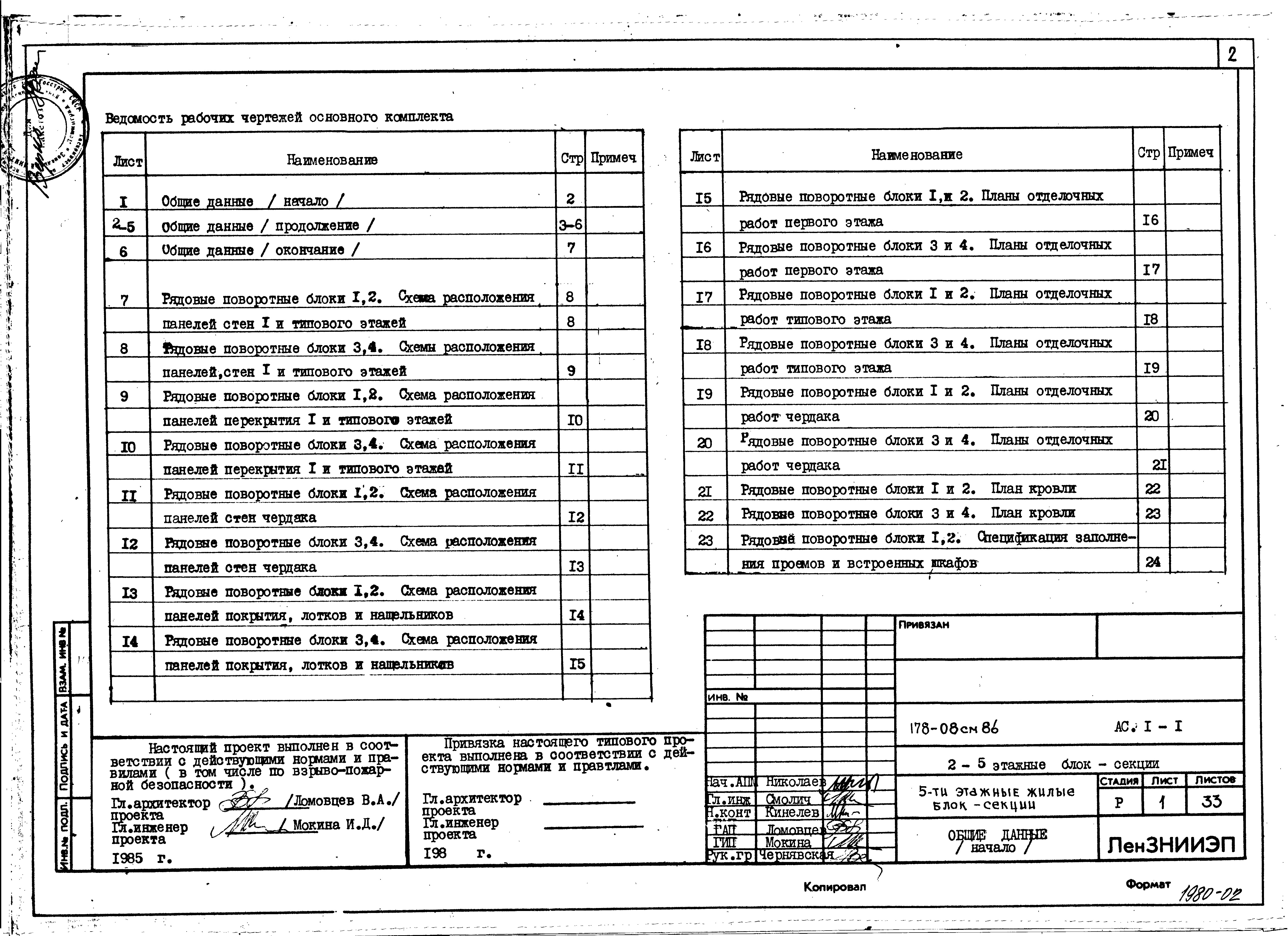 Состав фльбома. Типовой проект 178-08см.86Альбом 3 Архитектурно-строительные решения выше отм. 0.000 (АС1.1-1)