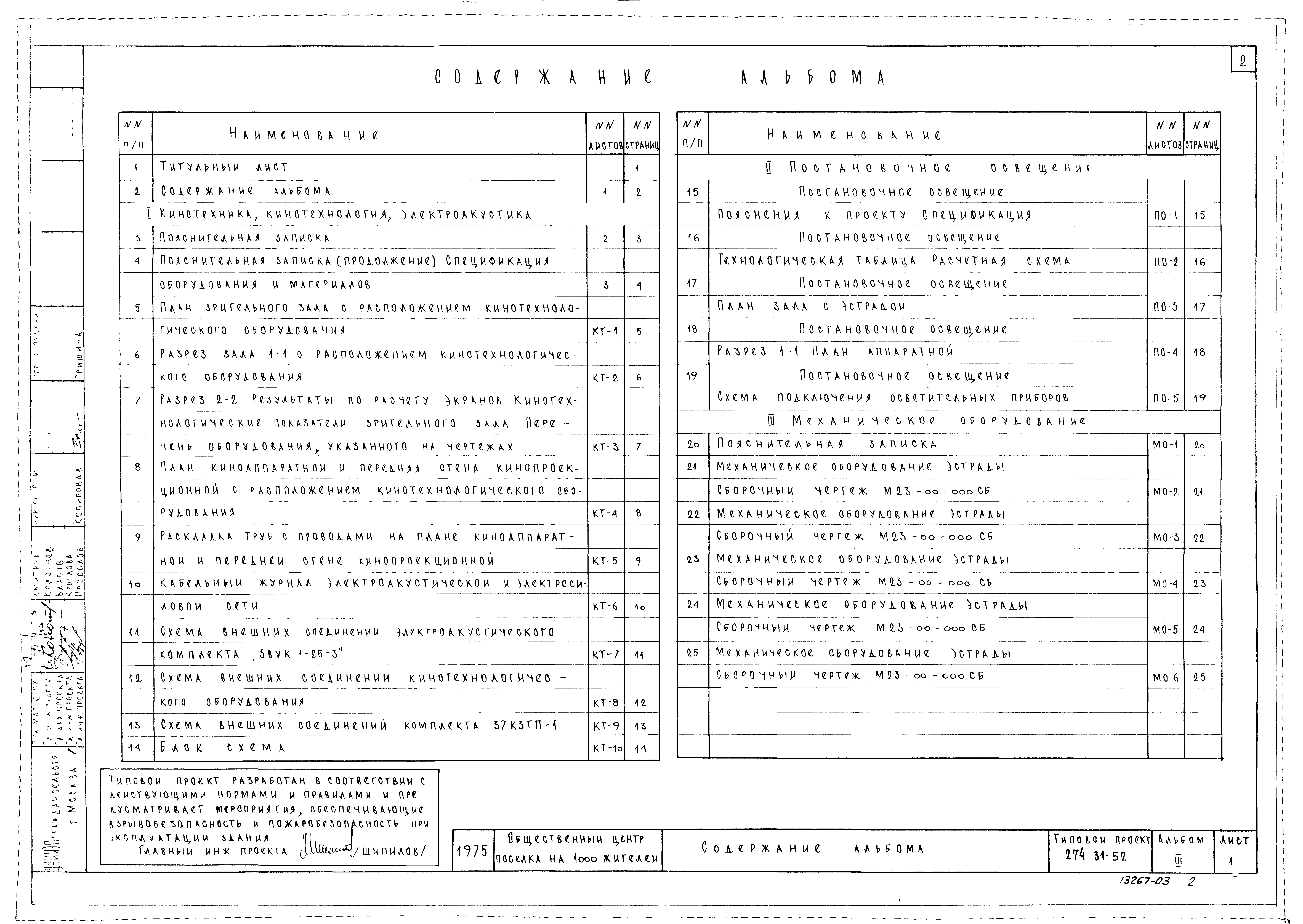 Состав фльбома. Типовой проект 274-31-52Альбом 3 Чертежи по кинотехнологии, кинотехнике, электроакустике, постановочному освещению эстрады и механооборудованию. 