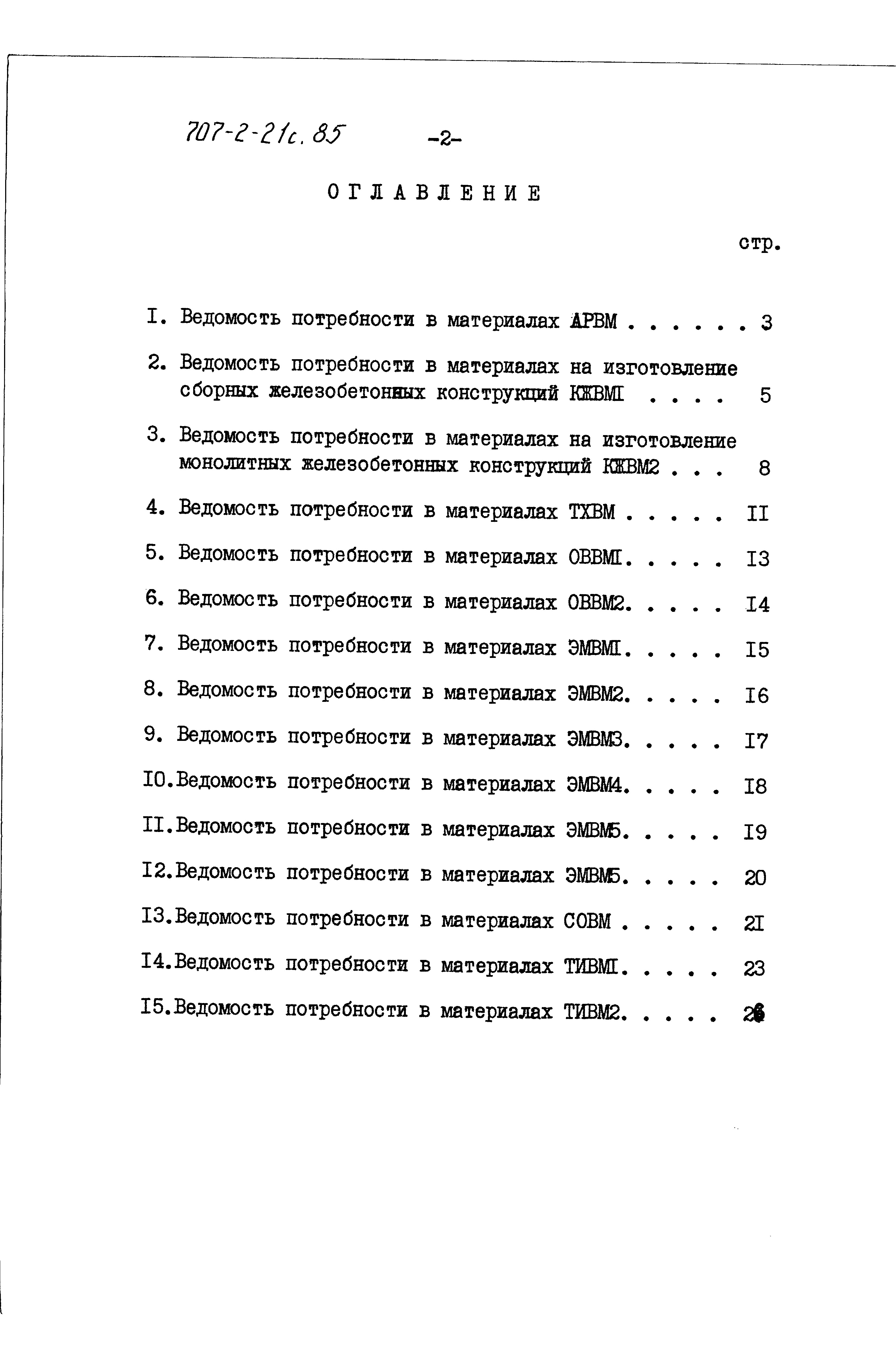 Состав фльбома. Типовой проект 707-2-21с.85Альбом 9 Ведомости потребности в материалах.