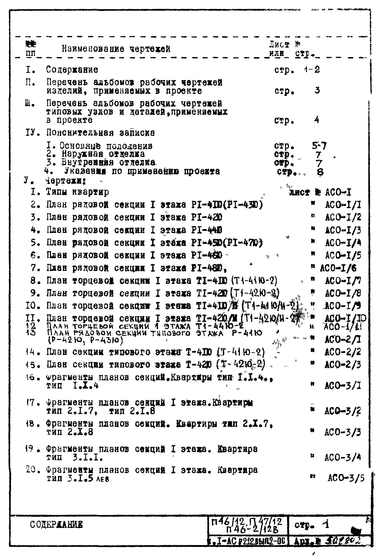 Состав фльбома. Типовой проект П46/12Часть 1-АС Раздел 2.1.2 Архитектурно-строительные чертежи. Строительно-отделочные чертежи надземной части здания