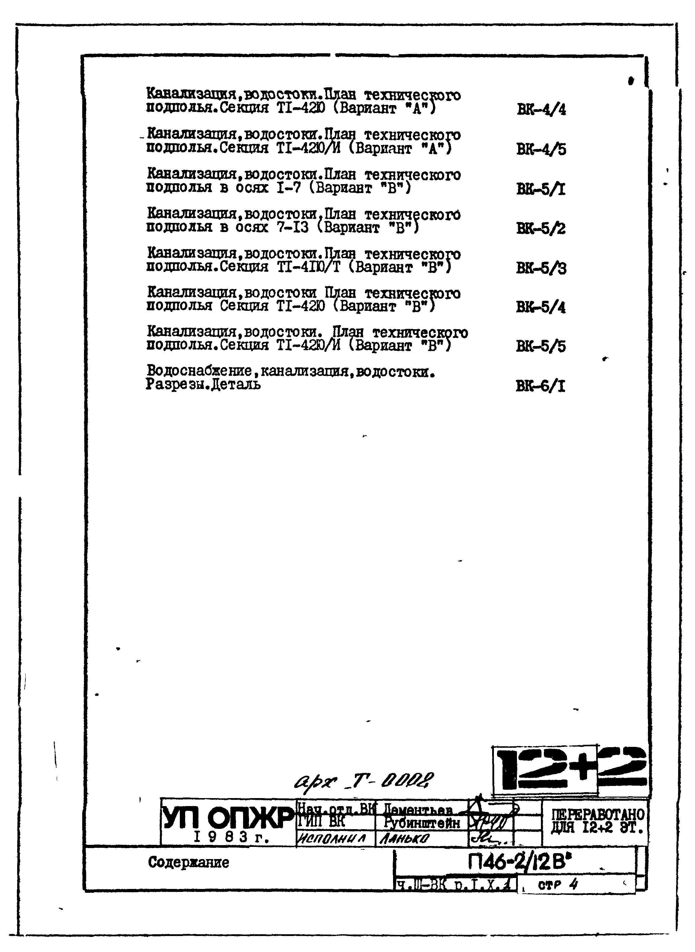 Состав фльбома. Типовой проект П46-2/12ВЧасть 3-ВК Водопровод, канализация и водостоки. Раздел 1.Х.1. Чертежи подземной части здания.