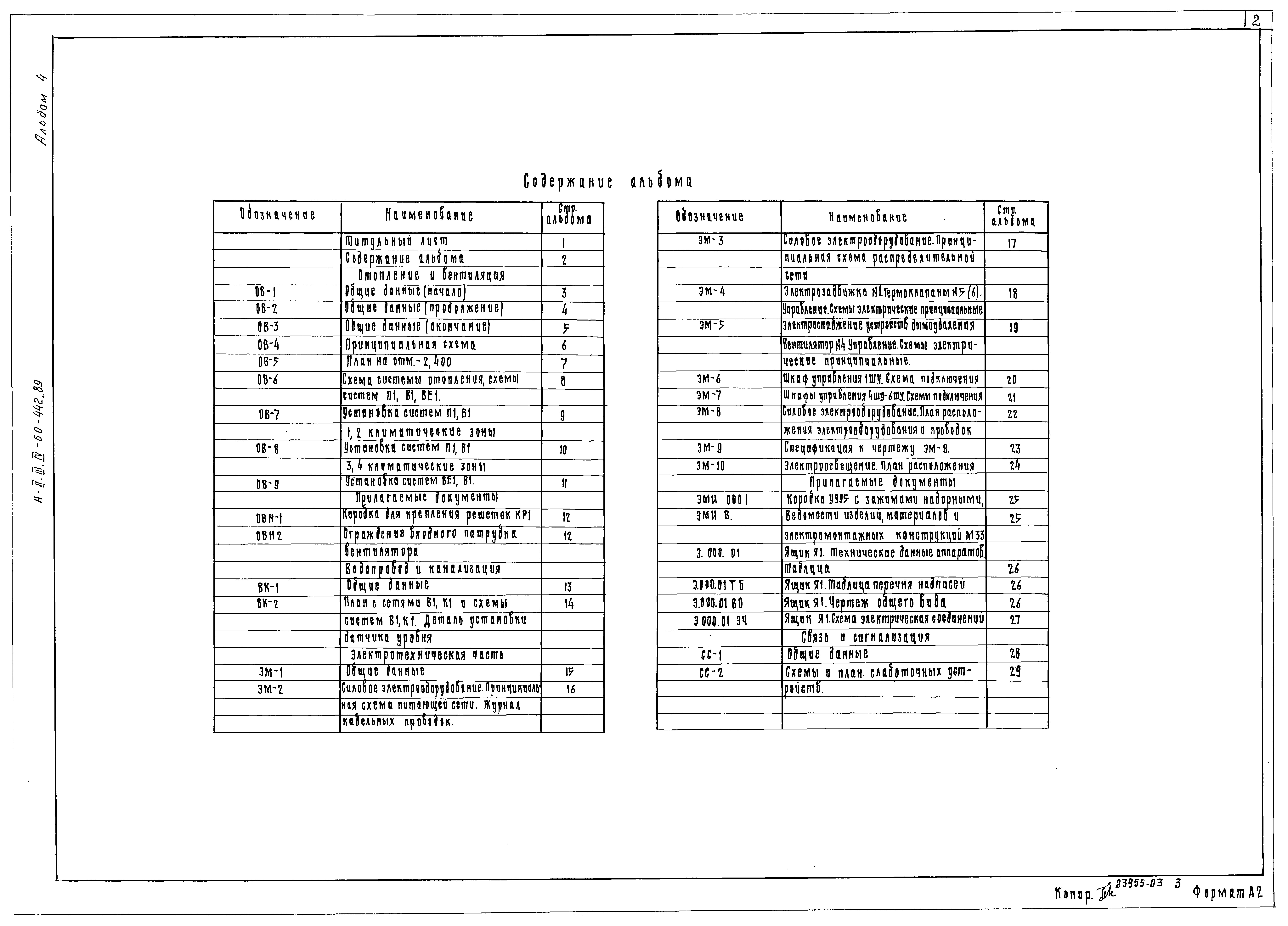 Состав фльбома. Типовой проект A-II,III,IV-60-442.89Альбом 4 Отопление и вентиляция. Внутренний водопровод и канализация. Электроснабжение. Силовое электрооборудование. Связь и сигнализация