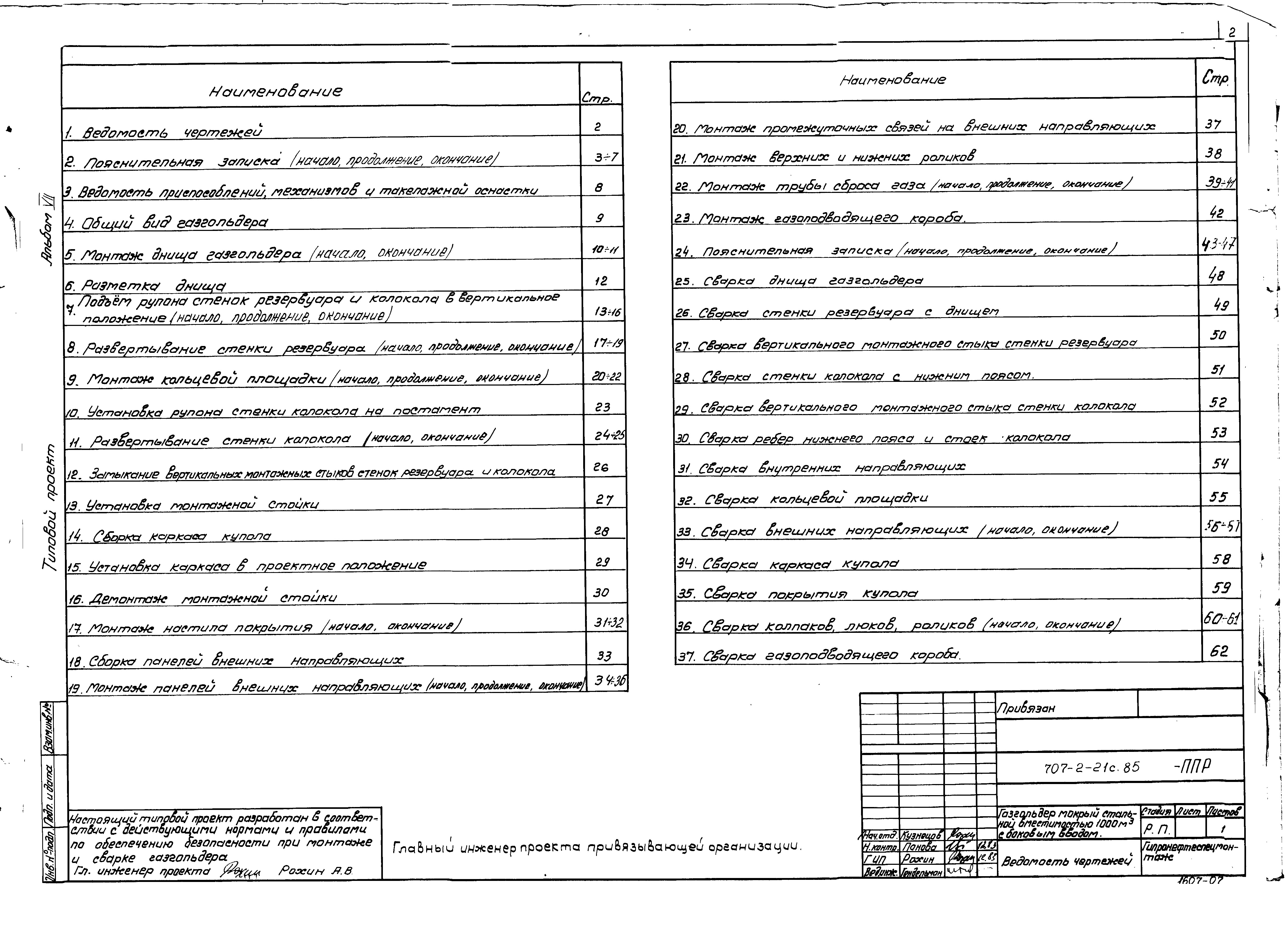 Состав фльбома. Типовой проект 707-2-21с.85Альбом 7 Проект производства работ (технология монтажа и сварки).