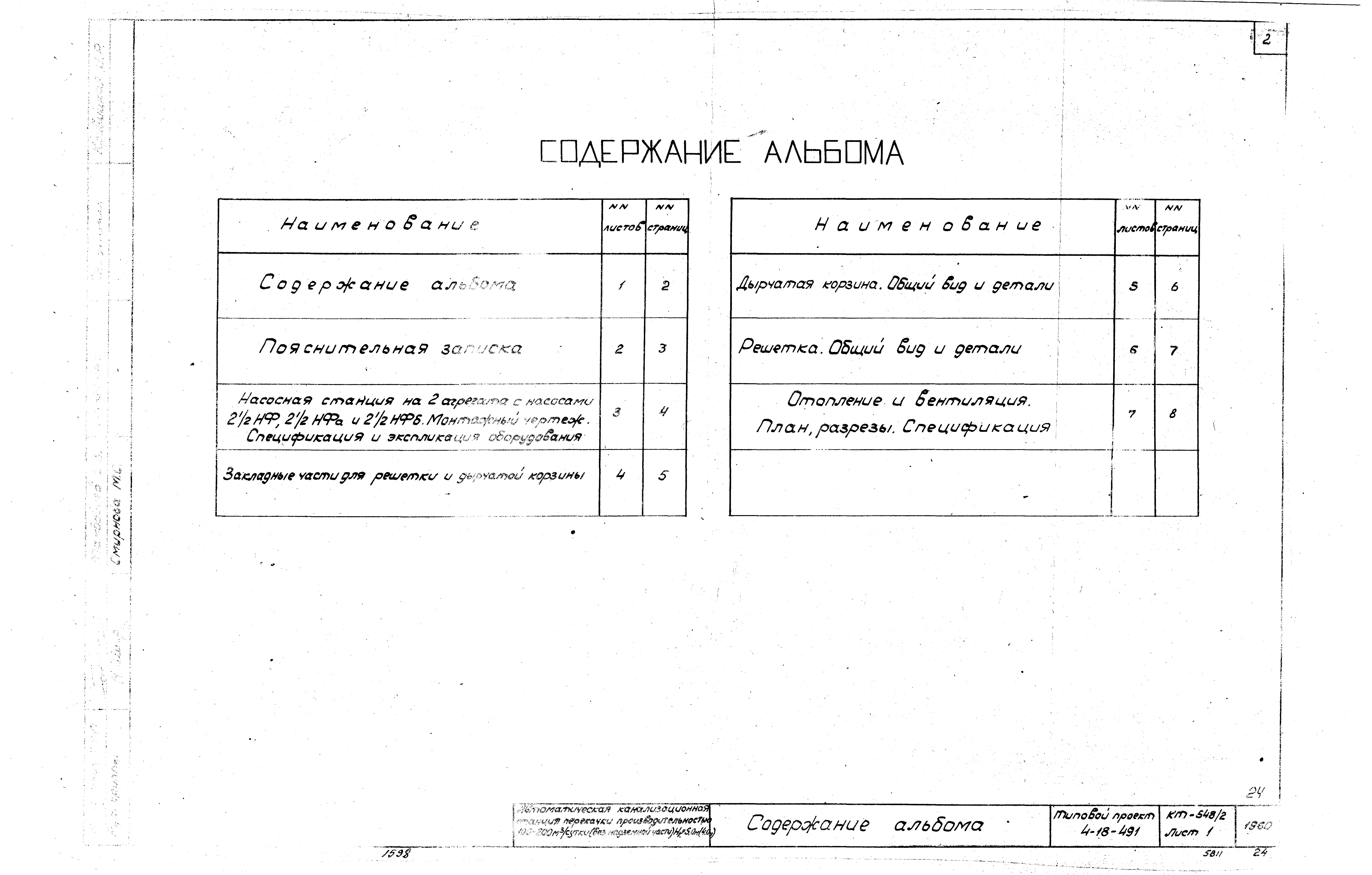 Состав фльбома. Типовой проект 4-18-491Альбом 2 Технологическая . механическая и санитарнотехнические части