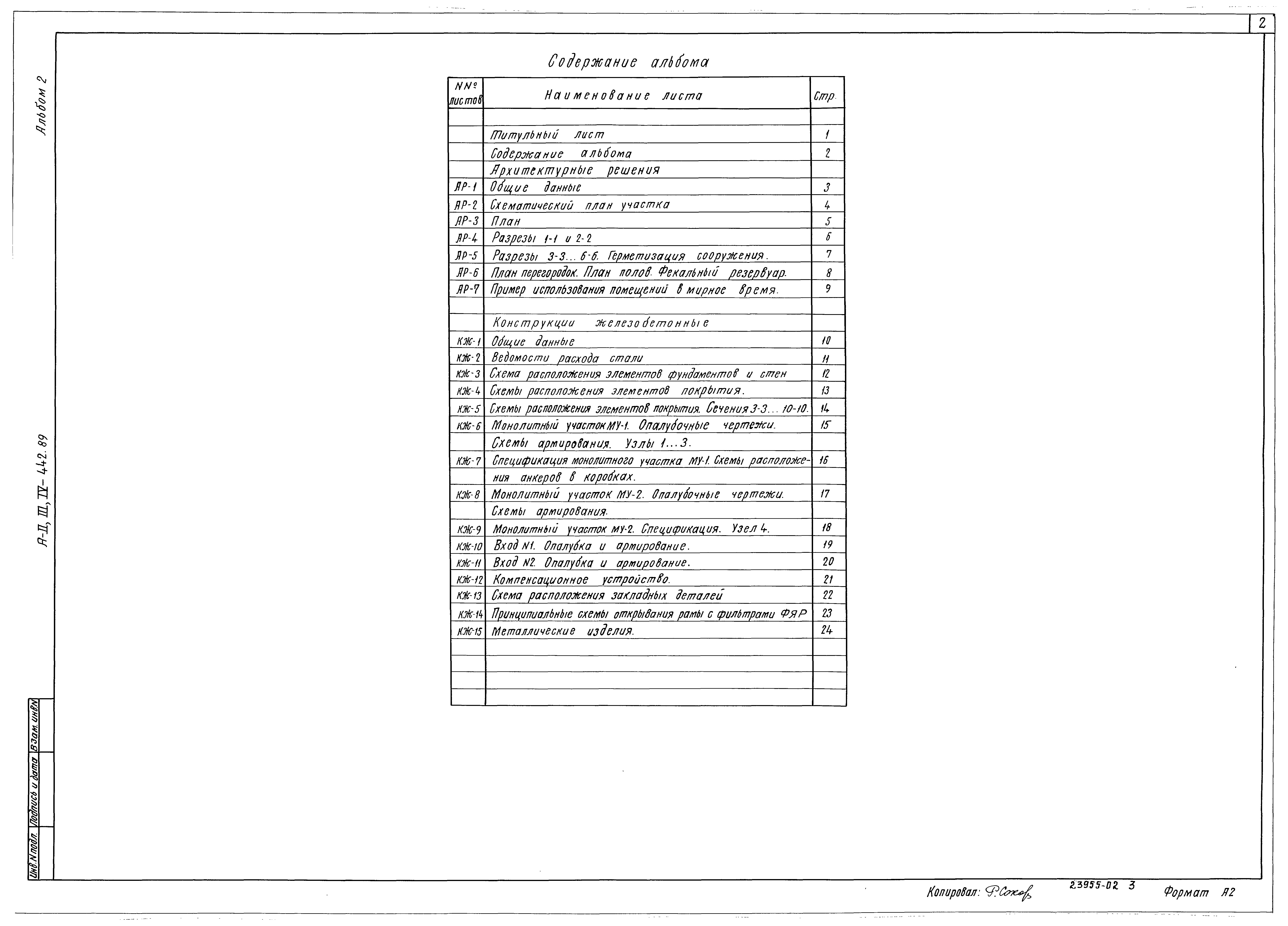 Состав фльбома. Типовой проект A-II,III,IV-60-442.89Альбом 2 Архитектурные решения. Конструкции железобетонные