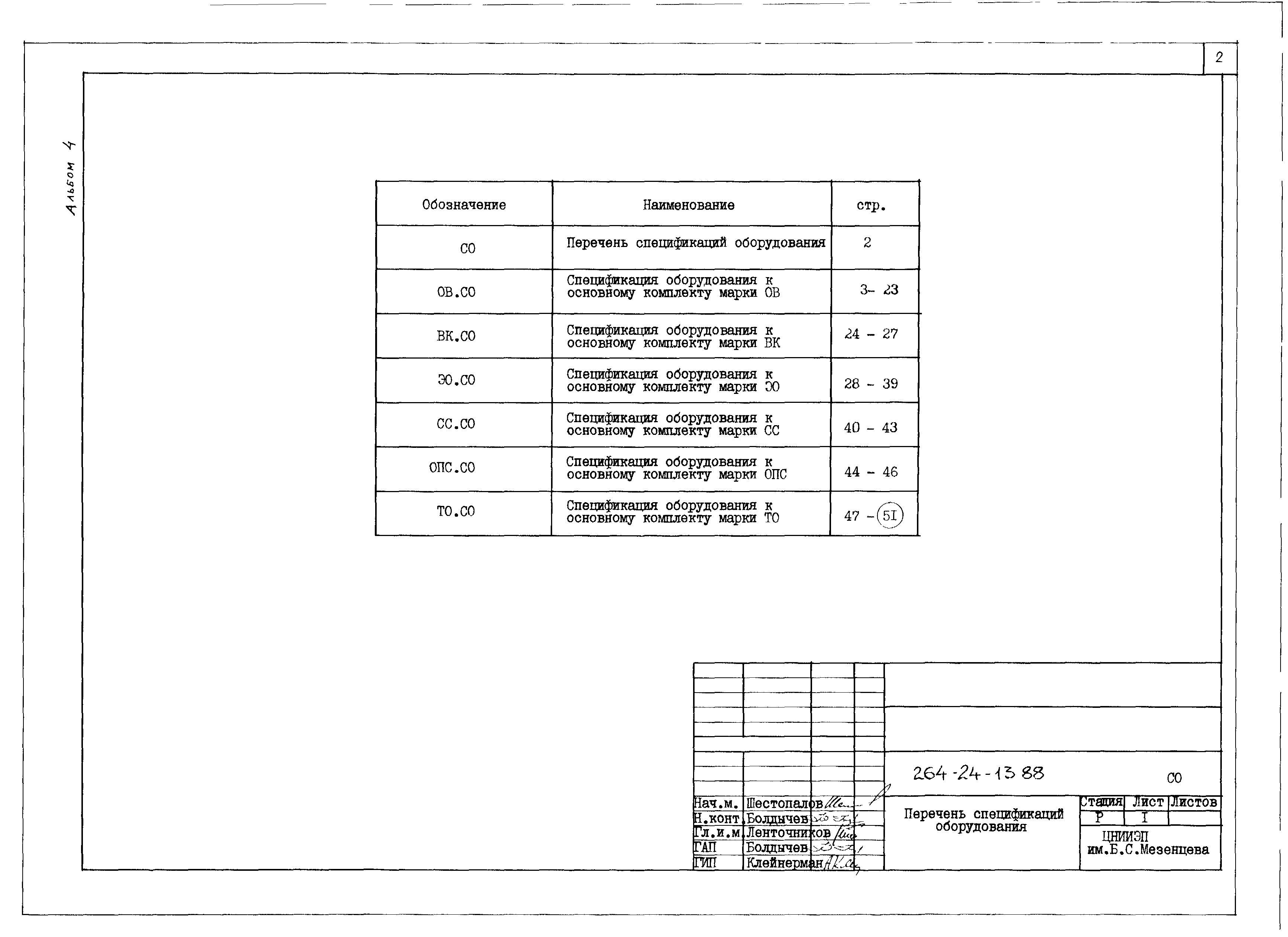 Состав фльбома. Типовой проект 264-24-13.88Альбом 4 Спецификации оборудования