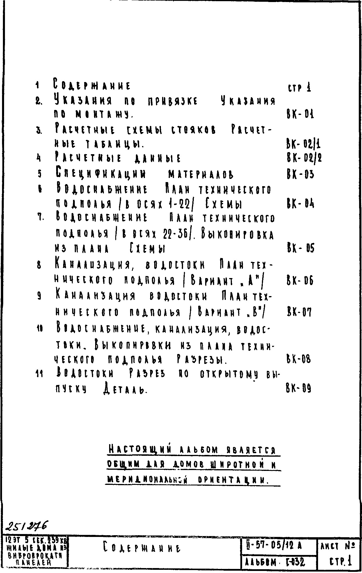 Состав фльбома. Типовой проект II-57-05/12мюАЧасть 3 Раздел 1/0-Г Водоснабжение, канализация, водостоки. Чертежи газоснабжения по подземной части здания. Альбом С-032