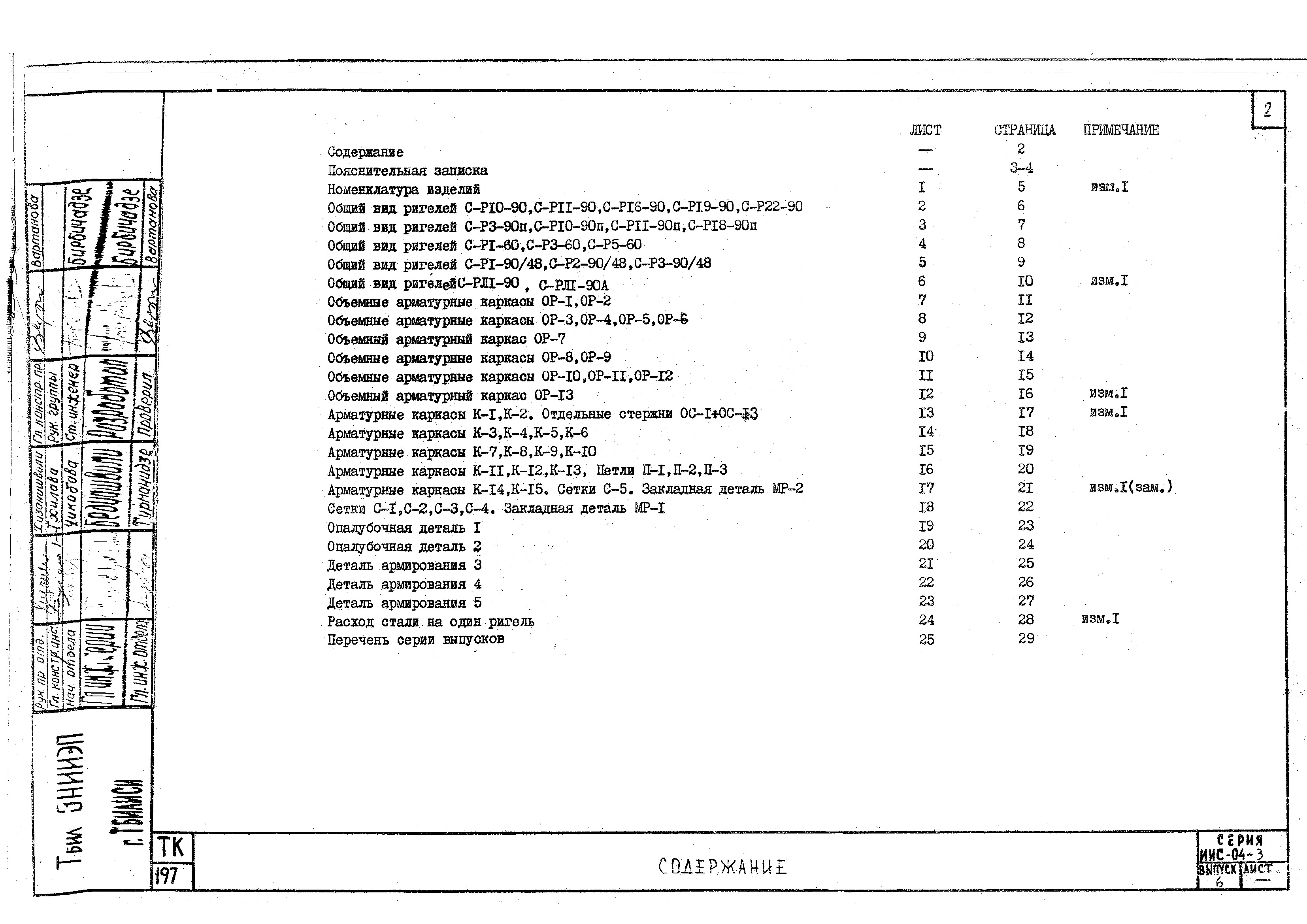 Состав фльбома. Типовой проект ИИС-04-3Выпуск 6 Железобетонные ригели для пролетов 6,0 и 9,0 м для общественных зданий с увеличенными сетками опор 6х9 и 9х9 м с колоннами сечением 400х400мм