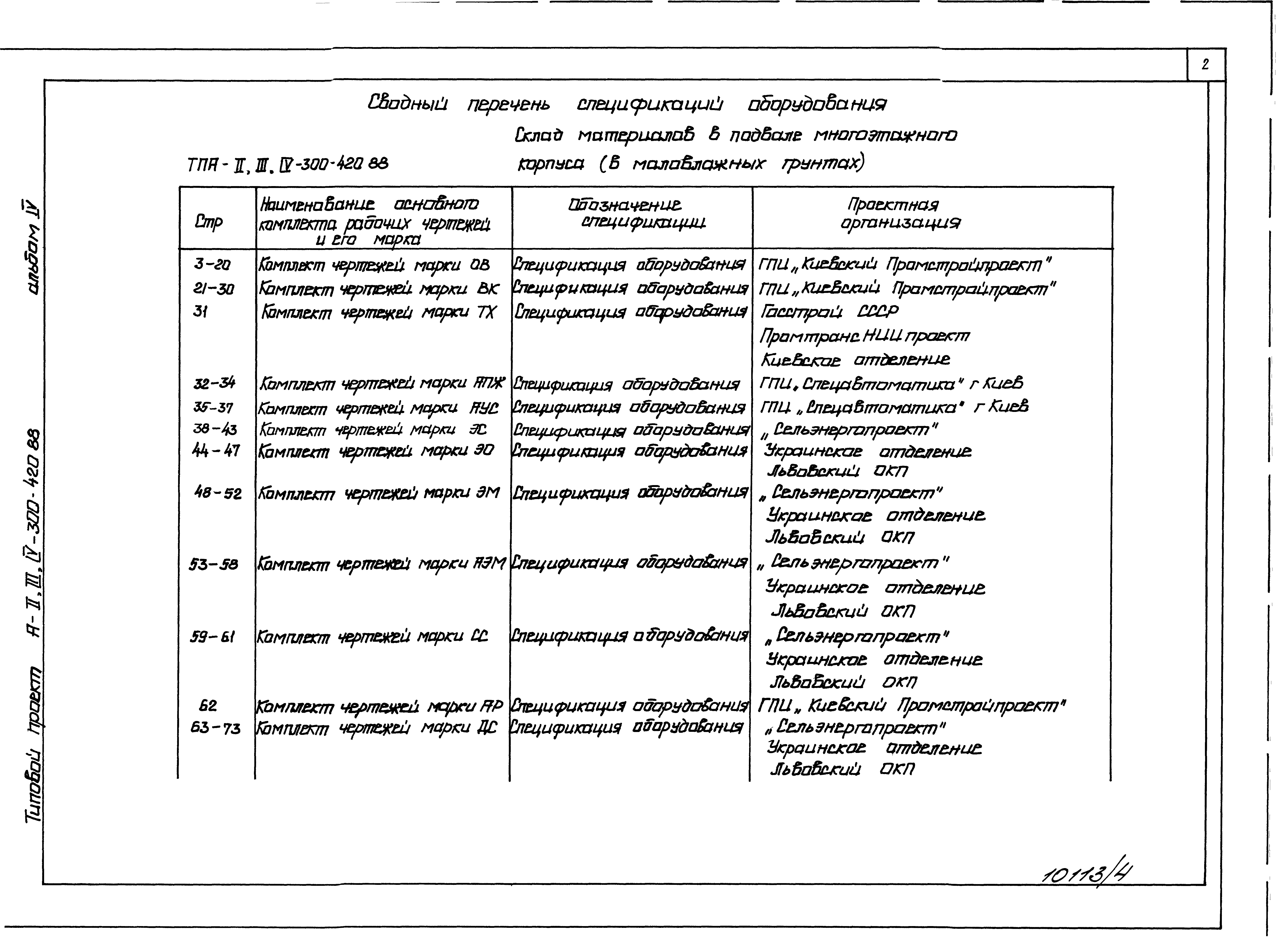 Состав фльбома. Типовой проект A-II,III,IV-300-420.88Альбом 4 Спецификации оборудования