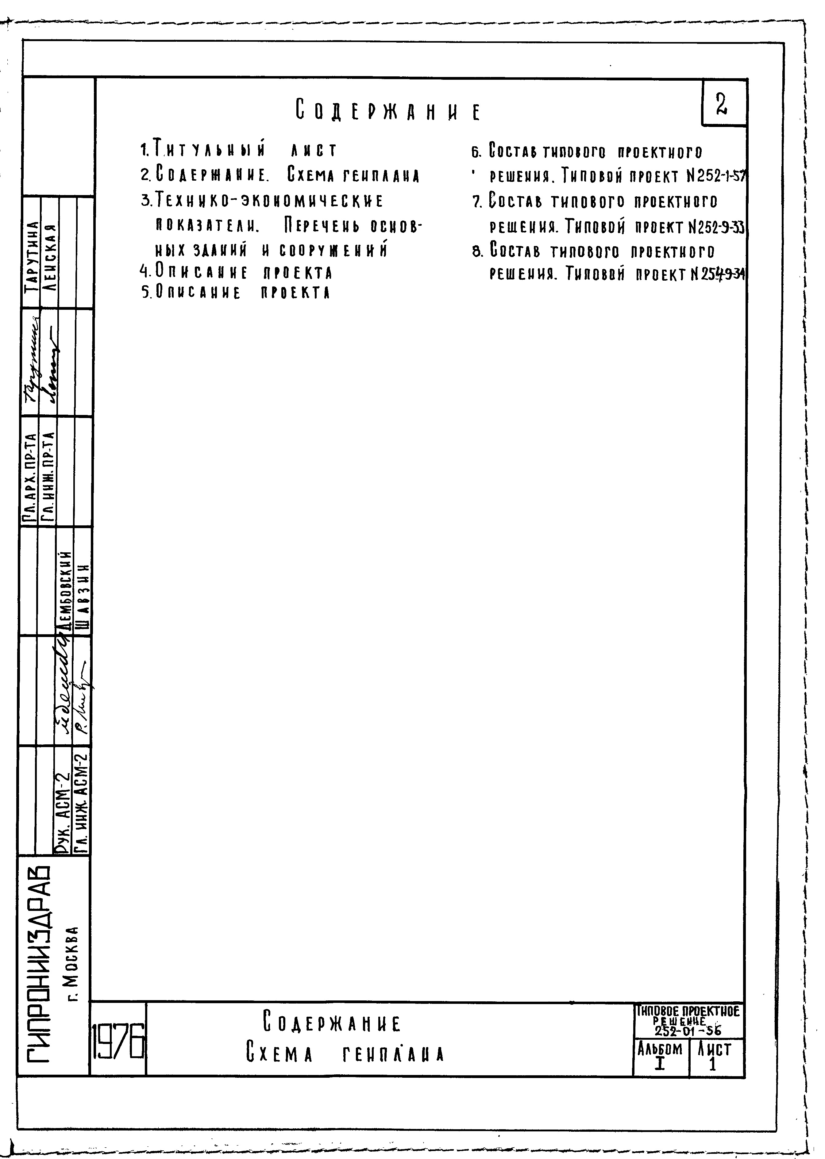 Состав фльбома. Типовой проект 252-01-56Альбом 1 Общие положения и решения по комплексу больницы. Схема генплана .