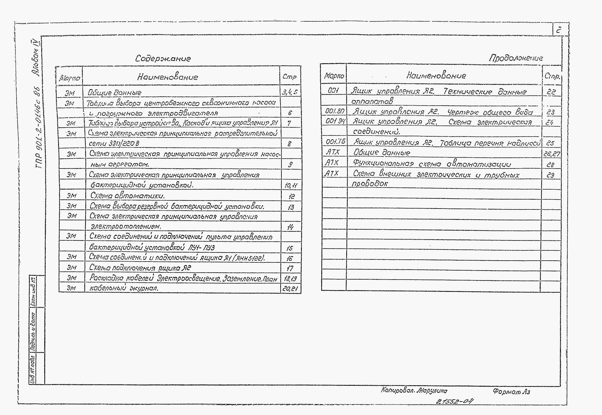 Состав фльбома. Типовой проект 901-2-0146с.86Альбом 4 Электрооборудование и автоматизация