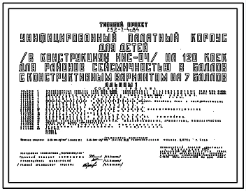 Типовой проект 252-7-4с.84 Унифицированный палатный корпус для детей на 120 коек. Сейсмичность 7, 8 баллов. Здание четырёхэтажное. Каркас сборный железобетонный серии ИИС-04. Стены из легкобетонных панелей.