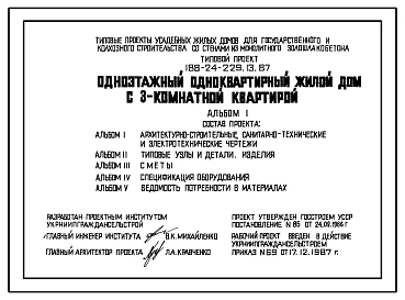 Типовой проект 188-24-229.13.87 Одноэтажный одноквартирный жилой дом с 3-комнатной квартирой для государственного и колхозного строительства (для строительства в Украинской ССР)
