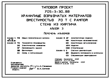 Типовой проект 705-3-30.88 Хранилище взрывчатых материалов вместимостью 70 т с рампой. Стены из кирпича
