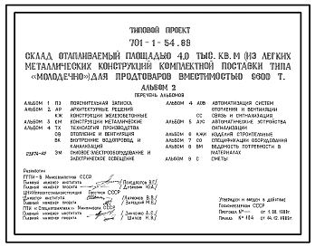 Типовой проект 701-1-54.89 Склад отапливаемый площадью 4000 м2 (из ЛМК комплектной поставки типа “Молодечно”) для продтоваров вместимостью 9600 т