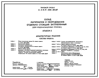 Типовой проект А-II,III,IV-1200-394.87 Склад материалов и оборудования отдельно стоящий заглубленный. Стены   монолитные   железобетонные для водонасыщенных грунтов (убежище на 1200 человек, размеры убежища 42м на 18м, режимы вентиляции 1,2,3)