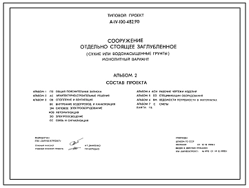 Типовой проект А-IV-100-482.90 Сооружение отдельно стоящее заглубленное. Стены   монолитные   железобетонные, (убежище на 100 человек, размеры убежища 25,5м на 4,7м, режимы вентиляции 1,2).
