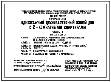Типовой проект 183-24-282.13.88 Одноэтажный двухквартирный жилой дом с 2-комнатными квартирами (для строительства в Украинской ССР)