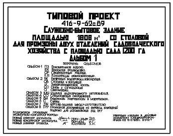 Типовой проект 416-9-62с.89 Служебно-бытовое здание площадью 1808 м2 со столовой для промзоны двух отделений садоводческого хозяйства с площадью сада 1200 Га