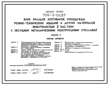 Типовой проект 709-9-66.87 Блок складов хозтоваров, спецодежды, резинотехнических изделий и других материалов вместимостью 2000 т (с несущими металлическими конструкциями стеллажей)