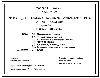 Типовой проект 704-5-20.87 Склад для хранения баллонов сжиженного газа на 100 баллонов