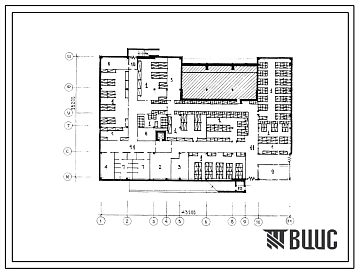 Типовой проект П-2-650(252-6-9.01.87) Хозяйственно-бытовые помещения в подвале главного корпуса дома-интерната на 300 мест для престарелых и инвалидов, (убежище на 650 человек, размеры убежища 43,2м на 28,2м, режимы вентиляции 1,2).