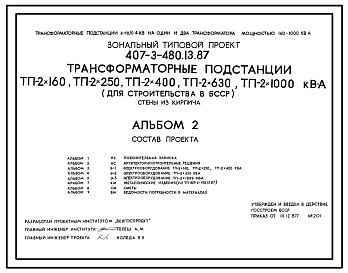 Типовой проект 407-3-480.13.87 Трансформаторные подстанции ТП-2х160, ТП-2х250, ТП-2х400, ТП-2х630, ТП-2х1000 кВА. Стены из кирпича. Для Белорусской ССР