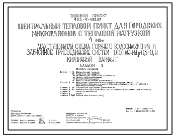 Типовой проект 903-4-102.87 Центральный тепловой пункт для городских микрорайонов с тепловой нагрузкой 4 МВт. Двухступенчатая схема горячего водоснабжения и зависимое присоединение систем отопления. р=0,3-0,9. Кирпичный вариант