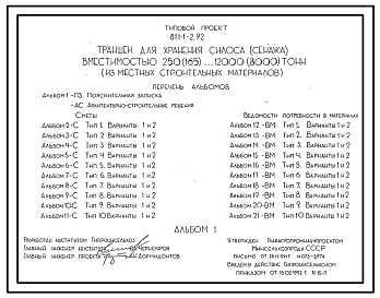 Типовой проект 811-1-2.92 Траншея для силоса и сенажа из местных материалов, в том числе монолитного бутобетона на 250 (165), 500 (330), 750 (500), 1000 (660), 1500 (1000), 2000 (1300), 2250 (1500), 3000 (2000), 4000 (2600), 4500 (3000), 6000 (4000), 8000