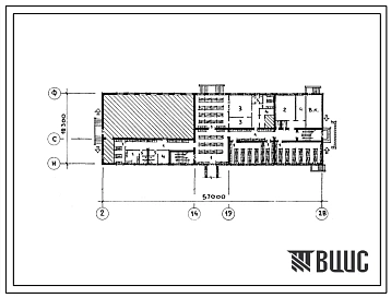 Типовой проект П-5-595(223-1-552с.13.87) Помещения первого этажа общеобразовательной трудовой политической школы с продленным днем на 13 классов, (убежище на 595 человек, размеры убежища 57м на 18м, режимы вентиляции 1,2).