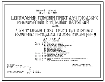 Типовой проект 903-4-167.90 Центральный тепловой пункт для городских микрорайонов с тепловой нагрузкой 4 МВт. Двухступенчатая схема горячего водоснабжения и независимое присоединение системы отопления р=0,3-0,9. Стены из керамзитобетонных панелей